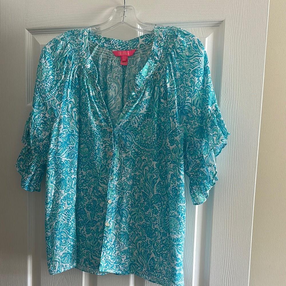 Lilly Pulitzer Blue Ruffled Blouse linen